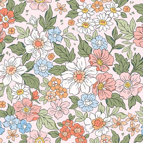VEELIKE Tapete Blumen Rosa Blau Wiesenfeld Mohn Blumentapete Weiß Fototapete Blumen Tapete Floral Mustertapete Tapete Mädchenzimmer Kinderzimmer Tapete Mädchen Badezimmer Schränke 44.5cm×300cm