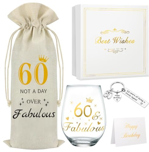 DEARLIVES Copas de vino de 60 cumpleaños, regalos personalizados, bolsas doradas de 60 onzas para mujeres y hombres