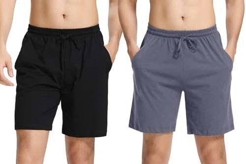 Irdcomps herr pyjamasbyxor bomull korta pyjamasbyxor sovshorts sommar bermudabyxor män sommar loungewear med sidofickor S–XXL, Svart + blågrå, L