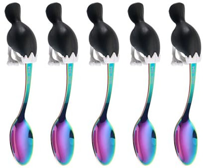 (5 Stück) 5,5 in Edelstahl Löffel Einzigartige Silikon Strauß Dekoration Hanging Cup Hotel Home Set Kaffeelöffel Teelöffel Dessertlöffel (Bunt,Schwarzer Strauß)