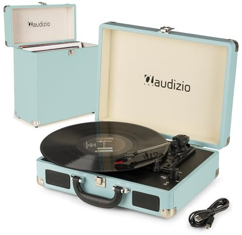 Audizio RP114BL Briefcase Record Player with Vinyl Case - Blue, 3-Speed Vinyl Player with Built in Speakers, USB Encoding to MP3, RCA Output, Portable Turntable with Record Case for 30-35 Vinyls