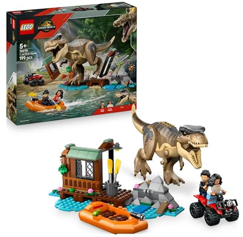 LEGO Jurassic World Flucht vor dem T.Rex – Interaktives Spielzeug mit Dinosaurier-Figur, Boot, ATV und 2 Minifiguren – Geschenk für Jungen und Mädchen ab 5 Jahren – 76975