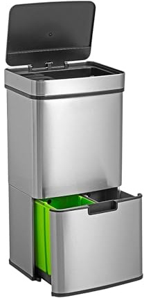 Papelera de reciclaje 62L (37L+25L), cubo de basura con 2 compartimentos, apertura automática con sensor, en acero inoxidable