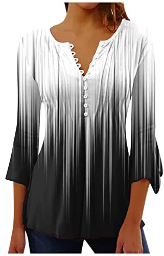 Ybing Black Friday Angebote 2025 ab wann 3/4 Ärmel Bluse Damen 3D Bedrucken Pullover Elegante Glockenärmel Langarmshirt Knöpfe V-Ausschnitt Tunika Schlank Blusenshirt Bequem Oberteile