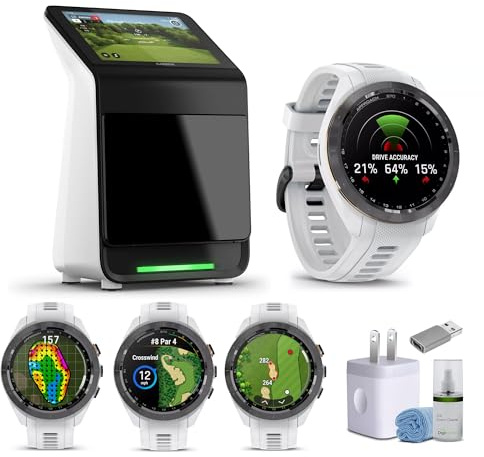 Garmin Approach R50 Premium Golf Launch Monitor (White) Bundle | For Golf Practice, Simulation & Performance Analysis | Includes Approach S70 42mm Golf GPS Watch + More