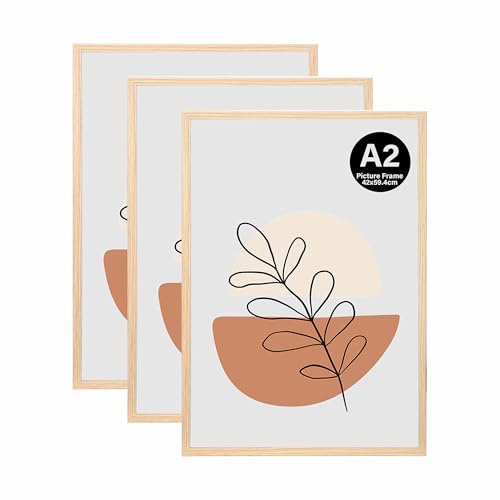 KAIWIN A2 Picture Frame, 3 Pack Oak Photo Frame, A2 Poster Frame (59.4x42cm), Wooden Photo Frame Used for Photos, Pictures, Posters，Puzzles