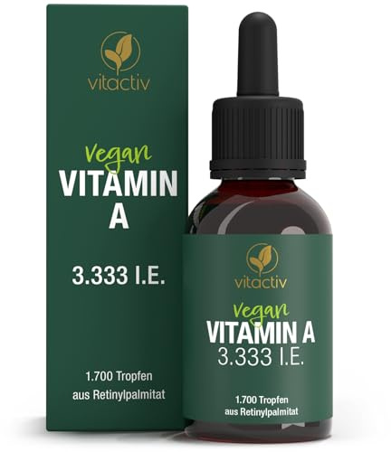 Vitaactive Gouttes de vitamine A hautement dosées – 50 ml, 1700 gouttes pour 850 jours) – 1000 µg (3333 UI) vitamine A par jour – Palmitate de rétinyle hautement biodisponible, huile MCT – Fabriqué en