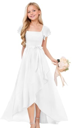 Clothfun White Chiffon Square Neck Flower Girl Dress High Low A Line Chiffon Confirmation Dress for Girls Size 8