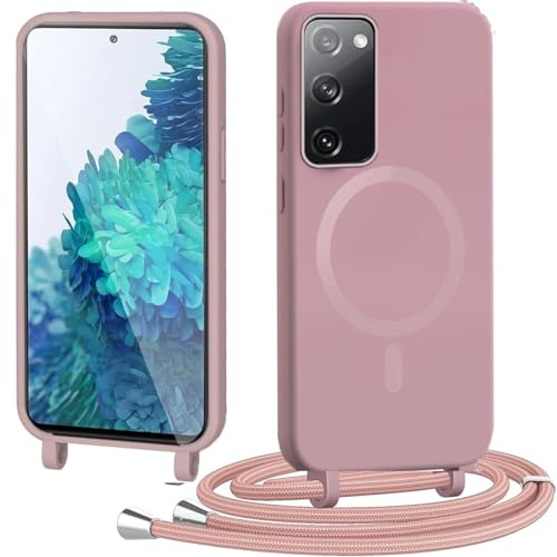 Spdymo für Samsung Galaxy S20 FE Hülle mit Band, Kompatibel mit Magsafe, Magnetisch Handyhülle für Samsung S20 FE Handyband Silikon TPU Schutzhülle zum Umhängen Kordel Necklace Kette, Rose