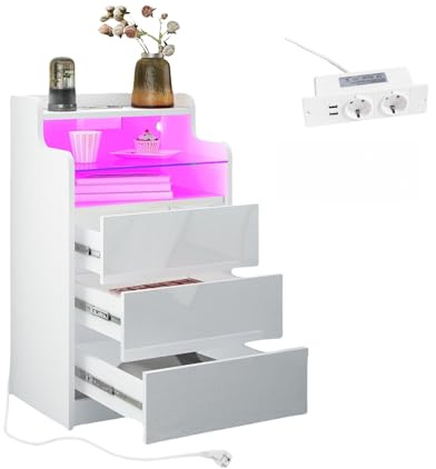 Nachttisch mit Steckdose und LED-Beleuchtung, Hochglanz Nachtschrank mit steckdose und 3 Schubladen - offene Ablageebenen mit Gehärtetes Glas für Wohnzimmer und Schlafzimmer 45x35x76 cm (Weiß)