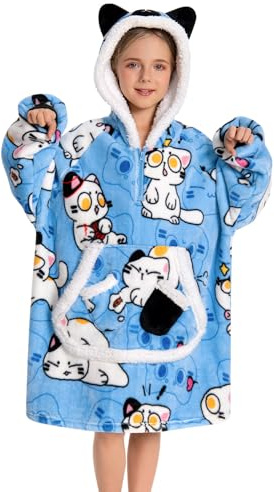 OLAOLA Unisexe Sweat à Capuche Couverture Surdimensionnée pour Enfants, Pull Plaid à Capuche en Polaire Sherpa avec Manches et Poches, Sweat Plaid Doux et Chaud pour Garçons Filles (Chat Blanc)
