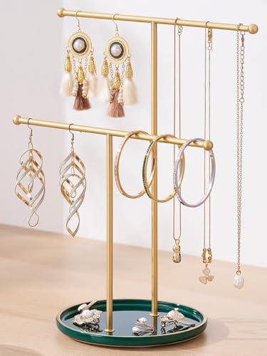 Josmimic Gold Jewelry Holder Stand with Ceramic Tray: Small Hanging Necklace Organizer Tree for Earrings, Bracelets, Rings – Jewelry Display Hanger for Women & Girls, Green