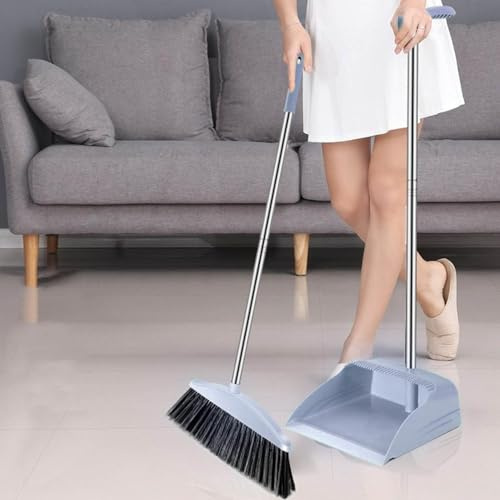 Broom with Dustpan Combo Set, Broom and Dustpan Set - Cleaning Supplies for Home and Kitchen, Extended Handle Enhanced Teeth, Seamless & Effective, Suitable for Home Kitchen Office Hall Floor (gray)