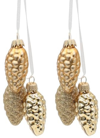 2 Stück Edler Lauschaer Christbaumschmuck - Krebs Glas Lauscha - Christbaumschmuck Glaszapfen 2er Set mit 3 Tannenzapfen in Gold mit Textilband 6cm, Glanz, matt, glitzernd.