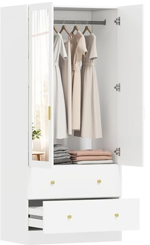 HOMCOM Armadio da camera da letto 2 ante e 2 cassetti, Armadio con specchio, asta per appendere, stile moderno, 80x50x180 cm, bianco