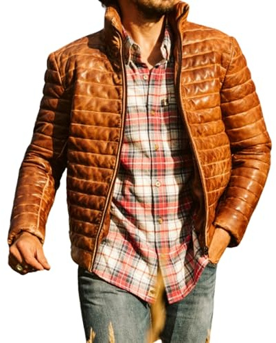 Men's Lambskin Leather Puffer Jacket, Insulated Winter Coat – Genuine Sheepskin Leather Puffer Jacket for Men's (US, Alpha, Large, Regular, Regular, Tan)