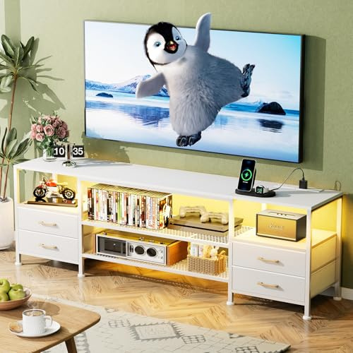 Utlenianie Mueble de TV de 160 cm, Mueble TV Alto con iluminación LED, Estación de Carga,Puerto USB y Enchufe, Muebles de salón con 4 Cajones 4 Estantes Abiertos (Blanco-B)