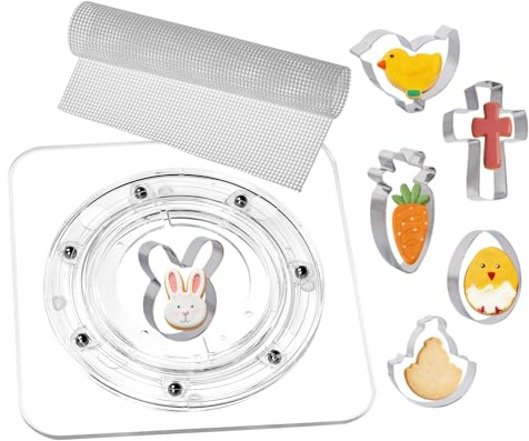 SANGLE SOPFFY 6.4-Inch Square Acrylic Cookie Turntable with Non-Slip Mat | Cake & Cupcake Decorating Rotary Stand (6.4 Inch + Easter Cookie Cutter)
