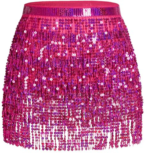 Glitzer Damen Rock Pailletten Rock Bauchtanz Kostüm Mini Rock Cowgirl Tanzkleid Rave Outfit Hüfttuch Kostüm für Damen Mädchen (DE/NL/SE/PL, Alphanumerisch, M, Regular, Regular, Rosepink)