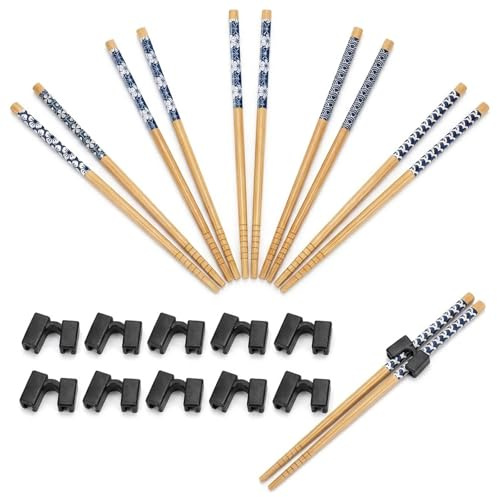 5 Pairs with Access Training Chopsticks, Reusable Chopsticks Set with 10 Finger Guides, Japanese Style Blue Pattern Design, Chop Sticks for Skill Development, Training Chopsticks Adults and Beginners