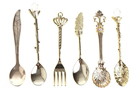 SimpleLife Tea Spoons Set of 6, Stainless Steel Latte Spoons,Vintage Royal Style Coffee Spoon Fork Ice Cream Dessert Scoop Flatware Spoons