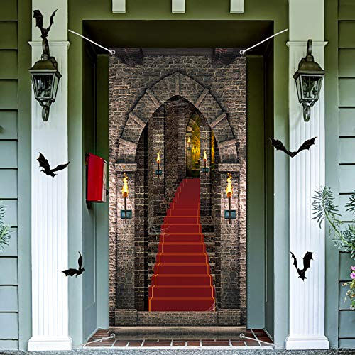 Blulu 3D Schloss Tür Abdeckung Hintergrund Mittelalter Party Dekorationen Stoff Mittelalter Eingang Dekoration für Geburtstag Vampir Halloween Party 2.0 x 0.9 m