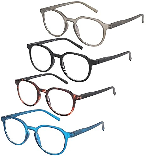 ZENOTTIC Confezione da 4 occhiali da lettura rotondi con blocco della luce blu, occhiali da lettura per computer da donna/uomo