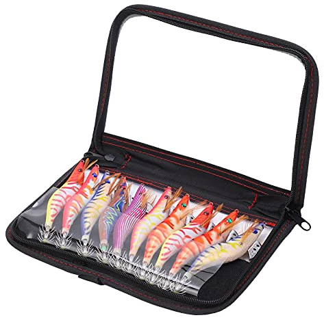Alomejor 10Pcs Angelköder Tintenfisch Jig Haken Harte Fischen Garnelen Köder Gefälschte Garnelen Glühen Köder Tintenfisch Haken Rig mit Tasche