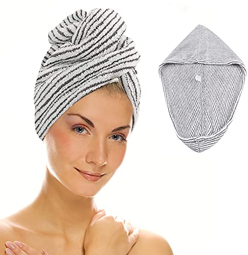 HuaJiao Microfiber Hair Towel Wrap, Hair Turban Towel Soft and Anti Frizz Head Towel Super Absorbent Hair Drying Towel with Buttons Fasten Salon Dry Hair Hat for Women Girls (Stripe)