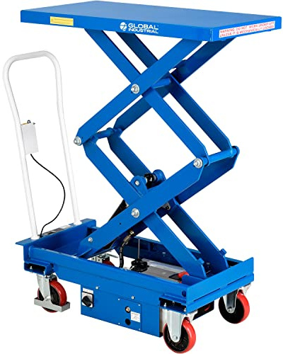 Global Industrial Battery Powered Mobile Double Scissor Lift Table, 12V 80Ah Lead Acid Battery, 40L x 20-1/2W Platform, 1100 Lbs Capacity, Steel, Blue