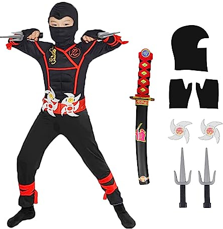 skyllc Ninja Costume Enfants, Garçons Ninja Cosplay Ensemble avec Gants Fléchettes baïonnette - pour Jeu de Rôle Halloween Fête de Noël Carnaval
