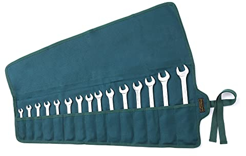 Werkzeugrolle, strapazierfähige16oz gewachstem Segeltuch Schraubenschlüssel Roll Tasche 15 Taschen, Mehrzweck-Werkzeug-Organisation Tasche mit Riemen (67.5CM X 31.5CM,Dunkelgrün)
