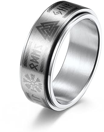 ZFSBRTL Norse Rune Ring, Männer Frauen Valknut Vegvisir Wikinger Symbole Drehbar Edelstahl Ehering Amulett Geschenk,Silber,10