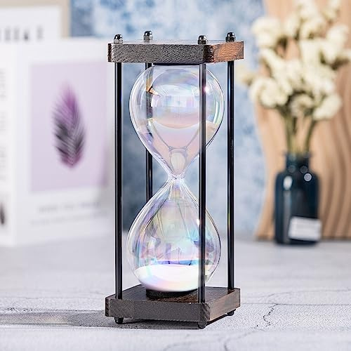 Rainbow Hourglass Timer 60 Minute, Wooden Frame Decorative Sand Timer (White Sand, Large Size)
