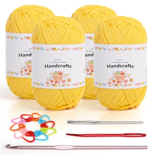 Coopay 4er-Pack Einfach Garn für Anfänger, Häkelgarn mit Häkelzubehör, Baumwoll-Nylon-Garn für Häkeln und Stricken (4 x 50 g), Golden