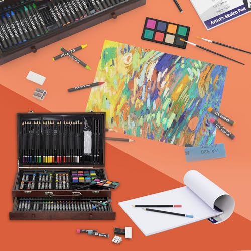 ECD Germany Malset 141 Teiliges, Holz Malkoffer für Kinder & Erwachsene, XXL Malkasten, Kunst Set Zeichenset mit Buntstiften, Ölpastellkreiden, Buntstiften, Skizzenstiften, Aquarellkuchen & Zubehör