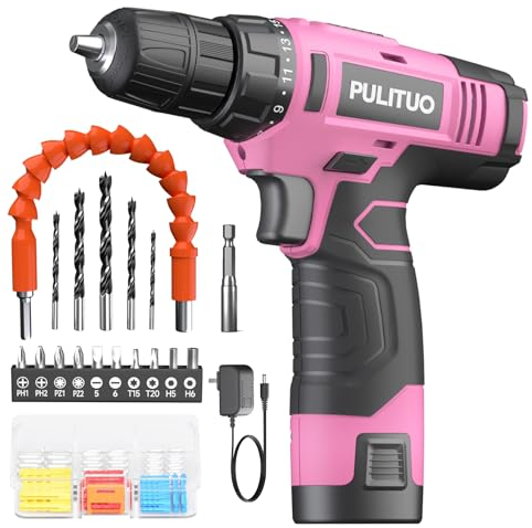 PULITUO 12V Cordless Drill with Li-Ion Battery, 21+1 Torque Setting, 3/8” Keyless Chuck, Variable Speed Switch, LED Light