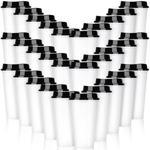 Domensi 30 Pack Reusable Coffee Cups with Lids 16 oz Disposable Travel Cups Bulk Plastic to Go Coffee Tumblers for DIY Hot Cold Drink Party Favors Coworker, Microwaveable (White with Black Lid)