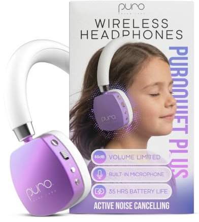 Puro Sound Labs PuroQuiet Plus Lautstärkebegrenzte On-Ear Active Noise Cancelling Bluetooth Kopfhörer – Leichte Kopfhörer für Kinder mit eingebautem Mikrofon – Sicherer Sound (Lila)