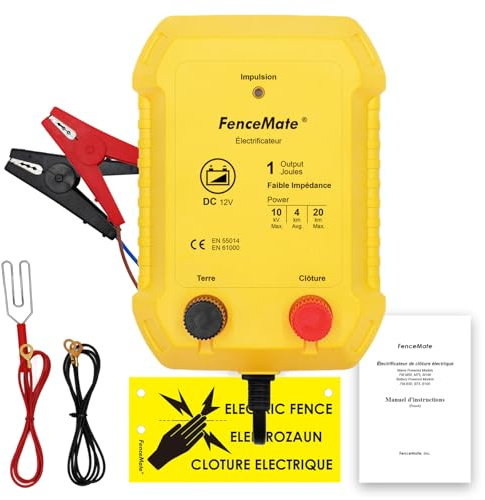 FenceMate Électrificateur clôture electrique batterie 12v, Sortie 1 Joule pour 4 à 25 km, faible impédance tension de pointe 10 kV pour volaille, bétail, animaux de compagnie