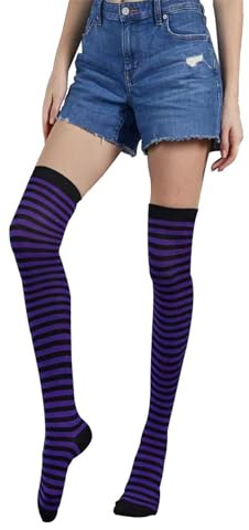 FGFD & OU knästrumpor för kvinnor överknä randiga overknees strumpor kvinnor varma höga strumpor damer termo långa strumpor flickor, Svart och lila, One Size