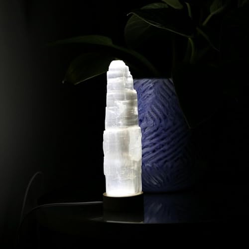 LANDSTER Selenit USB Lampe Selenit Tischlampe LED Weißlicht mit Holzsockel Ladeturm Selenit kristall nachttischlampe Edelstein lampe Reinigung Dekoration home decor (15 cm)