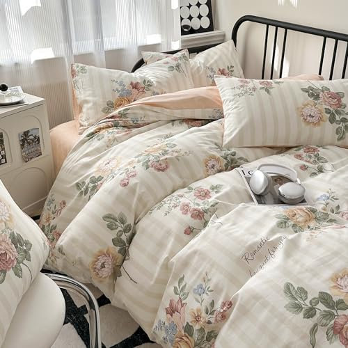 GETIYA Mädchen Damen Bettwäsche 200x220 3Teilig Romantisch Blumen Bettwäsche Baumwolle Blümchen Bettbezug Doppelbett Bunt Blumen Bettwaesche Weiß Hellorange mit 2 Kissenbezug 80x80