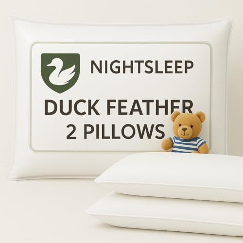 NIGHTSLEEP Duck Feather Pillows 2 Pack, Comfy Hotel Quality Pillow Pair, Washable Head Support Down Pillow, White, (50x70 cm)