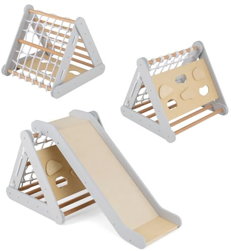 COSTWAY 4 in 1 Toddler Climbing Frame, 3-Sided Kids Wooden Montessori Climber with Sliding Ramp, Climbing Net and Board, Indoor Play Gym for Boys Girls