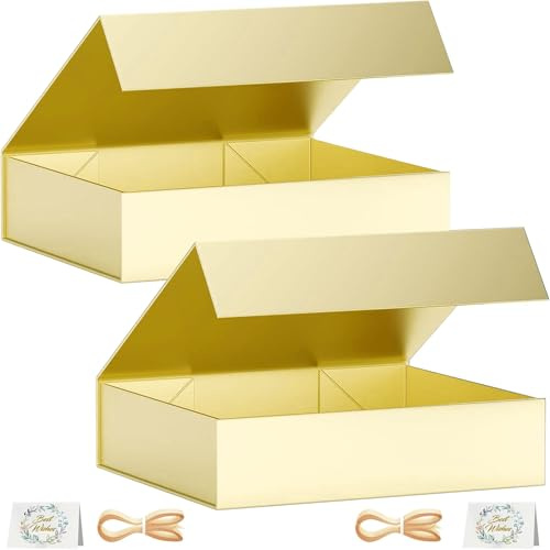 Geschenkbox, Geschenkboxen für Presents with Lids Magnetic Closure Rectangle Collapsible for Groomsman Proposal Box, Christmas, Halloween, Birthday Gift Packging (Gold, 2 Stück-30x20x7,5cm)