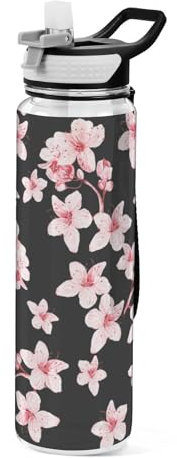 Mnsruu Transparente Sport-Wasserflasche mit Strohhalm, auslaufsichere Trinkflasche, Kirschblüten-Rosa, Sakura, Fahrradflaschen für Sport, Büro, Schule, BPA-freier Tritan-Kunststoff, 1 Liter