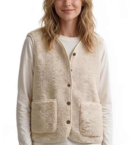Vinuwu Gilet da donna senza maniche, in pile, da donna, tinta unita, con scollo a V, con bottoni, orsacchiotto, gilet da donna in pelliccia