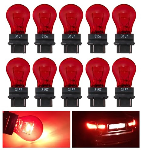 Wevdn 10PCS Car Brake Light Bulb, 3157 Waterproof Micro Quartz Glass Double Wire Light Bulb Replacement, 12V 21/5W Vehicle 360° Lighting Bright Turn Signal Instrument Light Bulbs (Red)