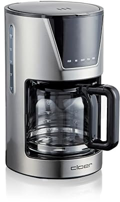 Cloer 5257 Filterkaffeemaschine für 12 Tassen, Warmhaltefunktion, Glaskanne, Messlöffel, Wasserstandsanzeige, Aromastufen wählbar, LCD-Touch-Display, Timer, Filtergröße 1 x 4, 900 W, Edelstahl